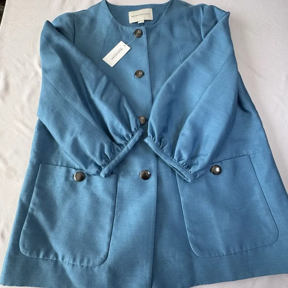 NWT Banana Republic Women’s Silk Blend Jacket Blue Button Front  L Career Dressy